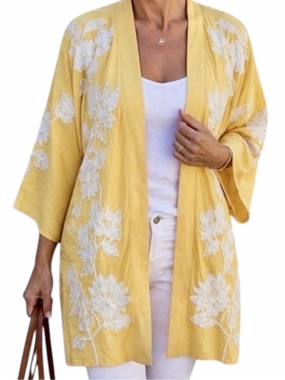 Soft Surroundings Embroidered Kimono Jacket Petite‎ 4 Butter Yellow Boho